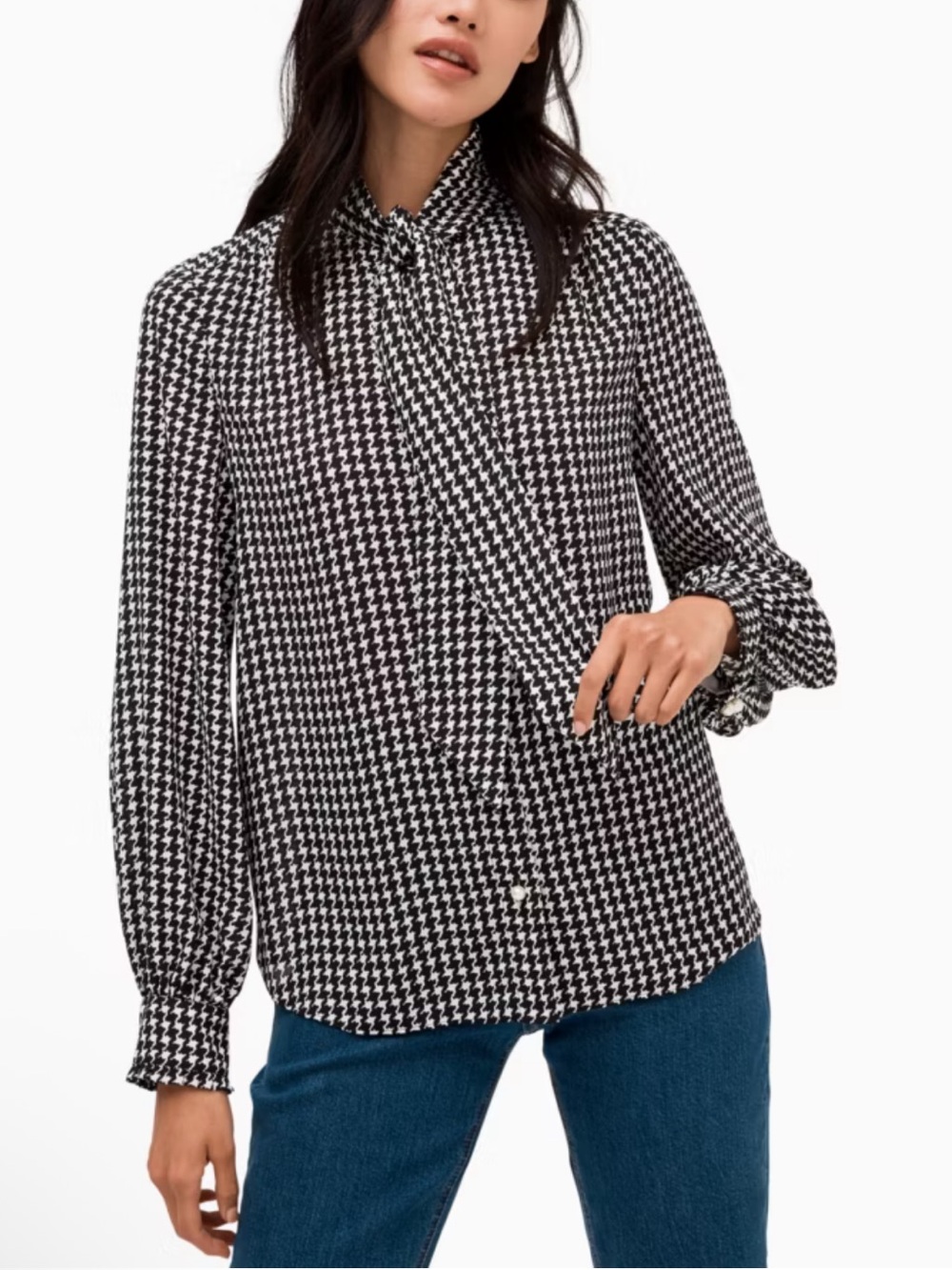 Kate Spade New York Black and White Houndstooth Tie-Neck Blouse - XS